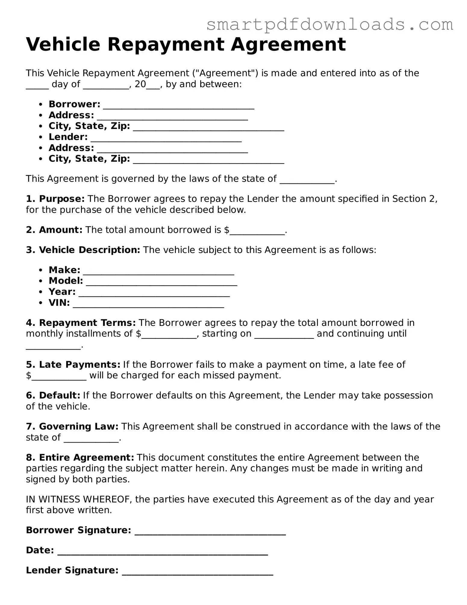 Free Vehicle Repayment Agreement Form