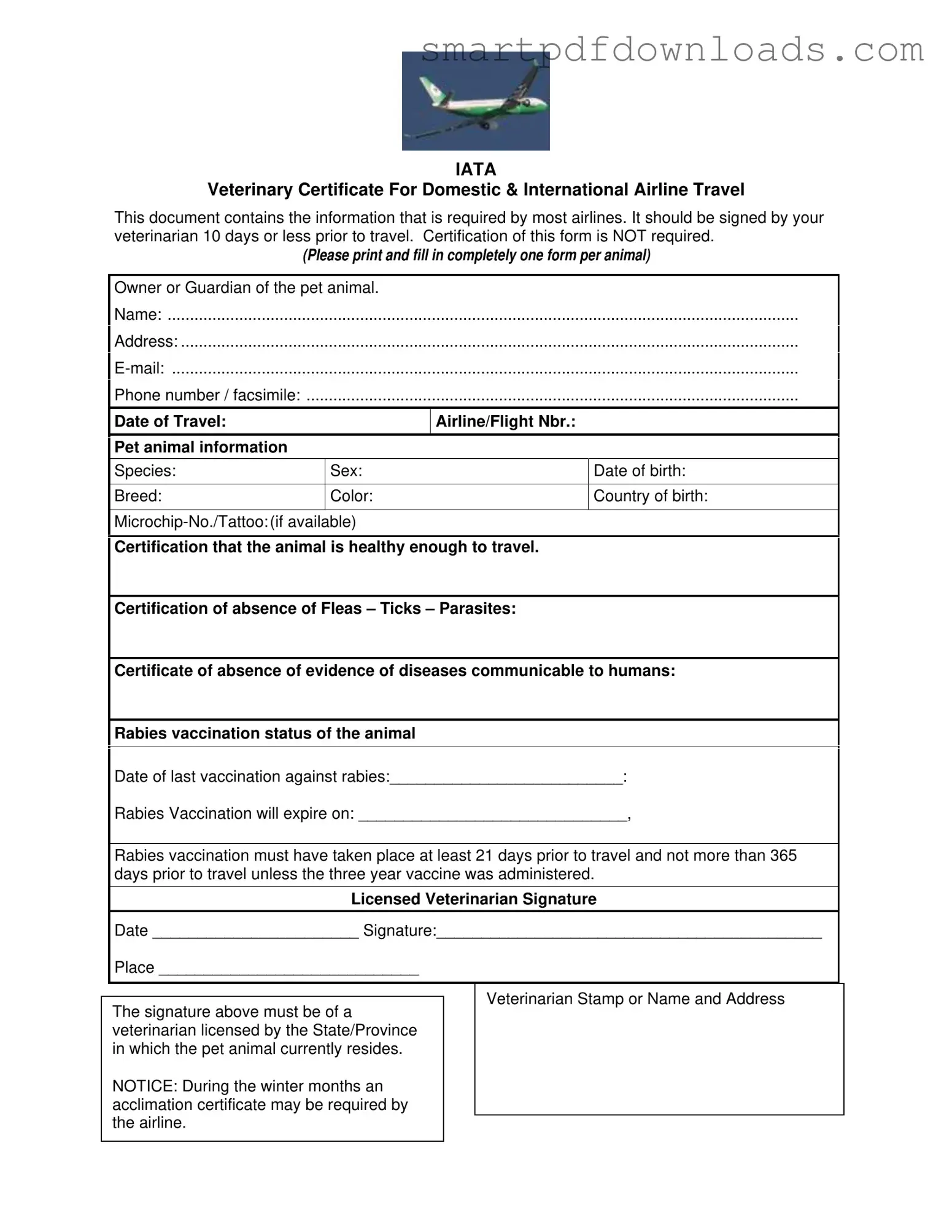 Veterinary Certificate Travel Form